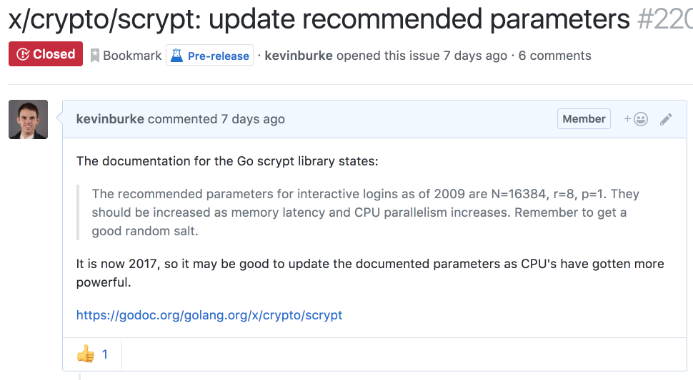 Github issue about scrypt parameters
